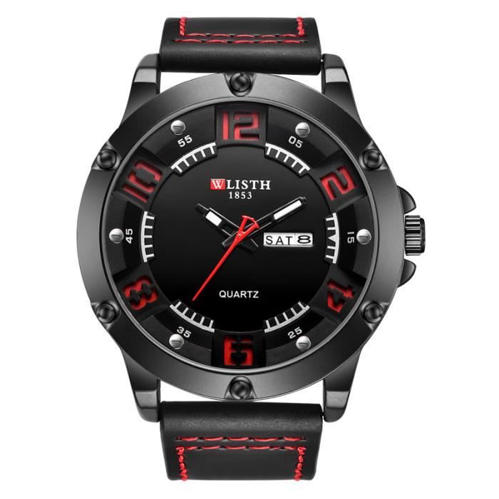 SHARPHY Montre homme quartz lumineux afficher le jour de la semaine bracelet en cuir étanche frais sports mode noir rouge
