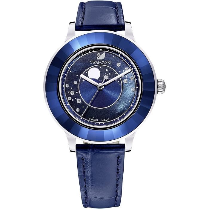 Swarovski Montre Octea Lux, Lune, bracelet en cuir, Bleu, Acier inoxydable