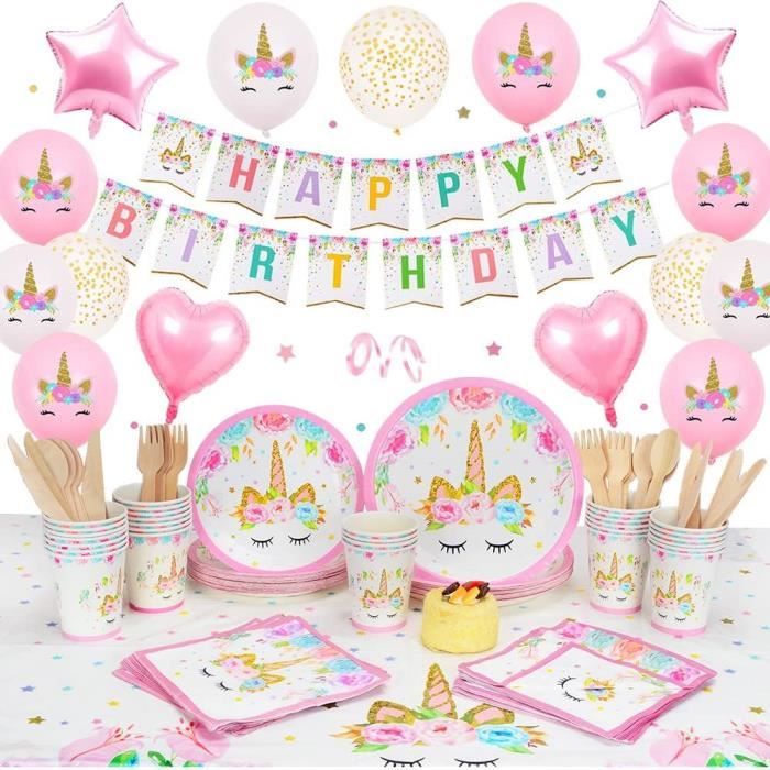 Kit Décoration Anniversaire Licorne 96 Pièces - Pour 16 Invités - Assiettes, Ballons, Gobelets - Thème Fille
