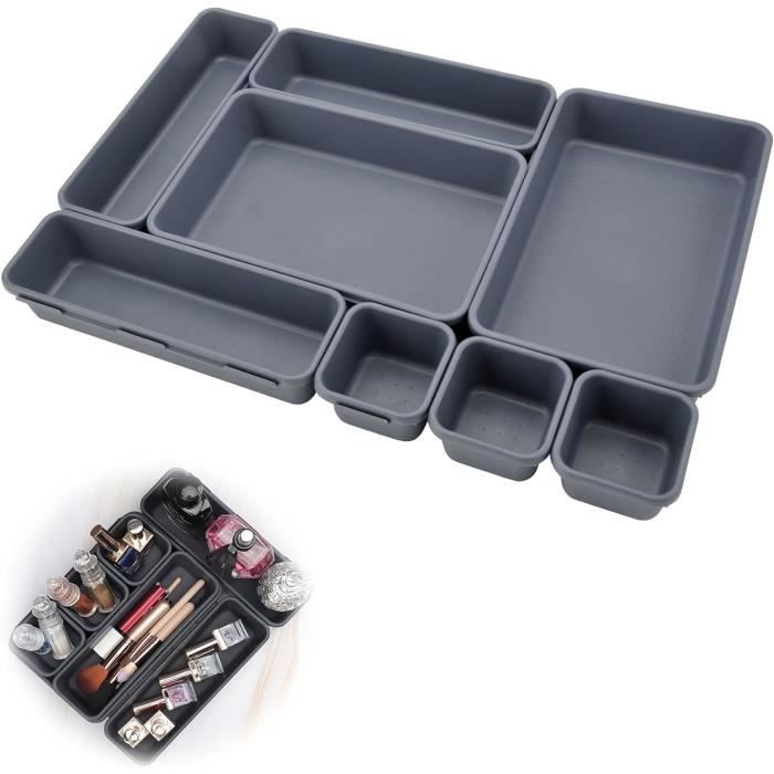 Jeu D'Organiseurs De Tiroirs Ajustables Gris Clair - 6 Boîtes De Rangement 3 Tailles Pour Cuisine, Bureau Et Salle De Bain