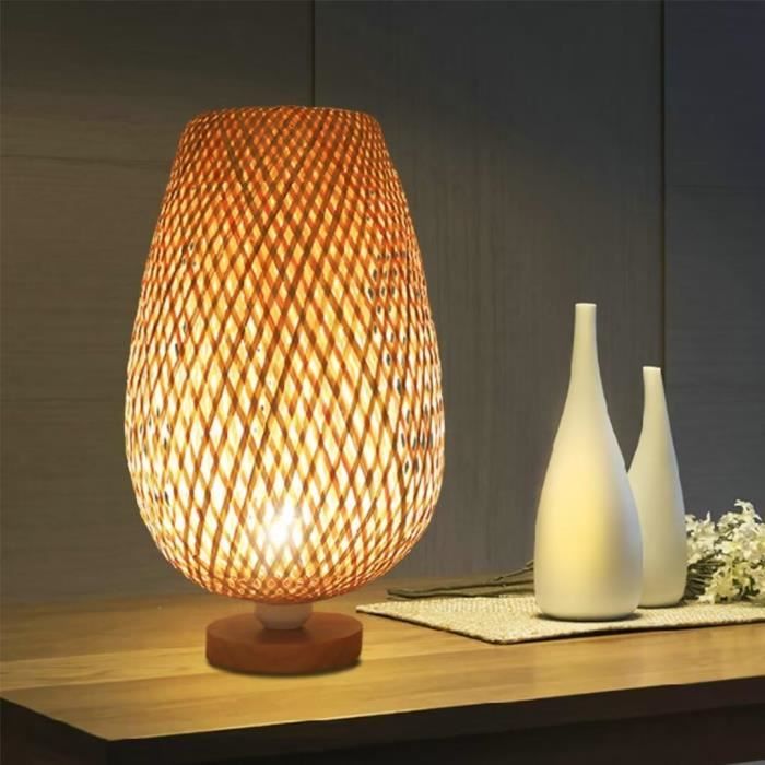 Lampe De Table En Bambou Tissé Style Japonais - 23 Cm Diamètre, 42 Cm Hauteur, Ampoule LED Incluse - Décoration Zen Pour Chambre, Salon