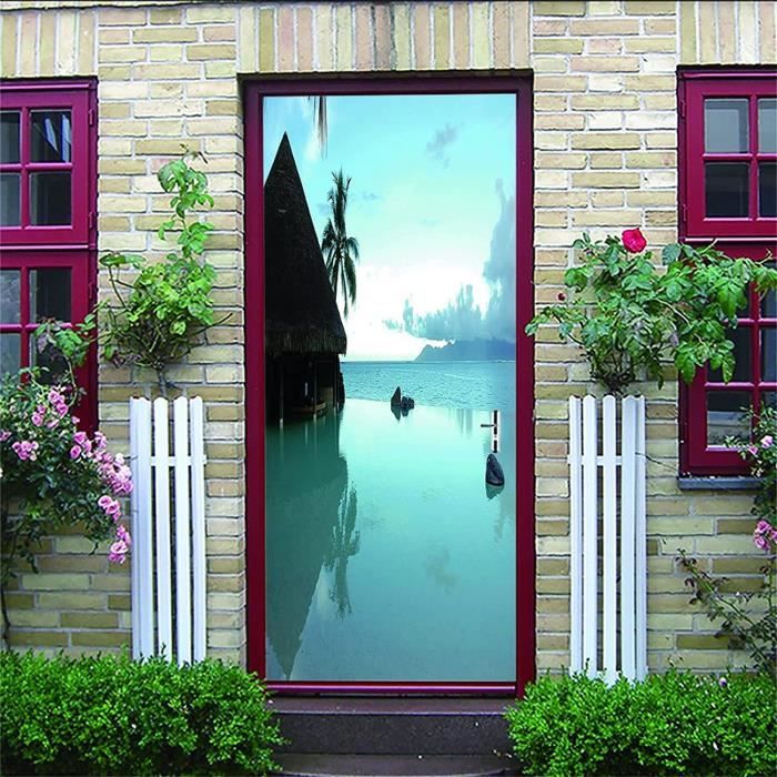 Autocollant Décoratif Porte 3D - Paysage Fleuri En Pot - 80x200 Cm - PVC Adhésif Étanche - Facile à Poser