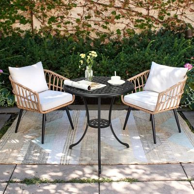 Table Jardin Ronde Relaxdays 70cm Avec Trou Parasol - Table Balcon Acier Blanc Aspect Grillagé