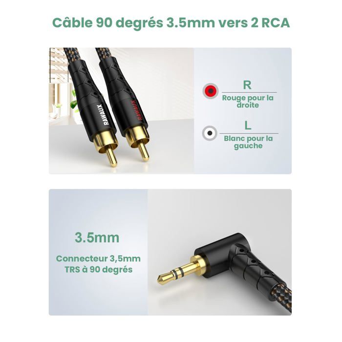 DeleyCON Adaptateur Jack 3,5 Mm Mâle Vers 6,3 Mm Femelle - Câble Audio Stéréo 20 Cm - Contacts Dorés - Cuivre OFC - Noir