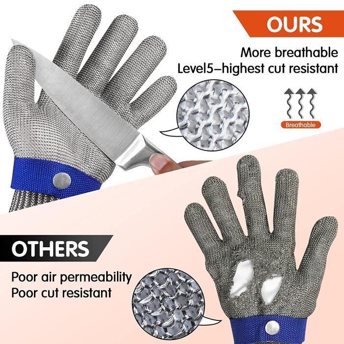 Gant anti-coupure, gant d'huître Maille métallique en acier inoxydable  niveau 5 Protection adaptée aux gants de travail pour huîtres, coupe de  viande, jardinage et sculpture (m)