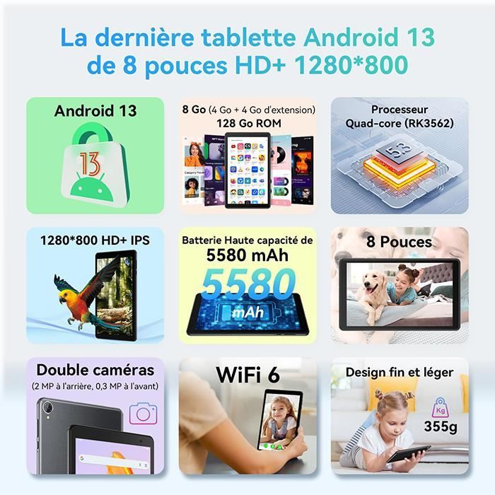Blackview Tab 50 WiFi Tablette Tactile 8 pouces HD 8Go+128Go-SD 1To 5580mAh WiFi 6 Tablette PC Android 13 - Gris Blackview Tab 50 WiFi Tablette Tactile 8 pouces HD 8Go+128Go-SD 1To 5580mAh WiFi 6 Tablette PC Android 13 - Gris
