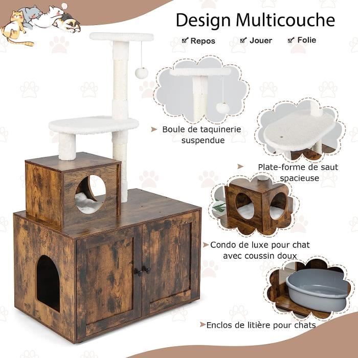 Meuble Litière Caché Avec Arbre à Chat - 100 X 50 X 90 Cm - Compartiment Litière, Poteaux Sisal, étagères - Pour Chat D'intérieur