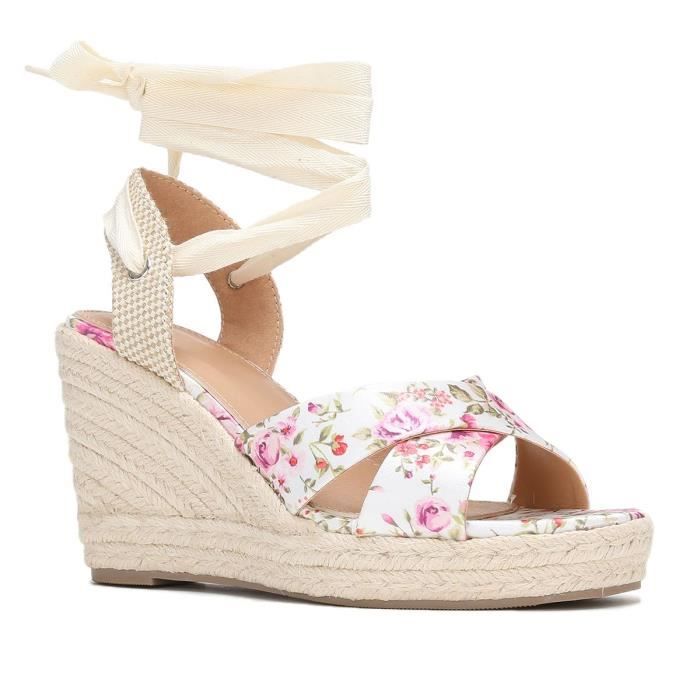 Sandales compensees LA MODEUSE roses a fleurs talon 9 5cm ruban amovible Rose Cdiscount Chaussures