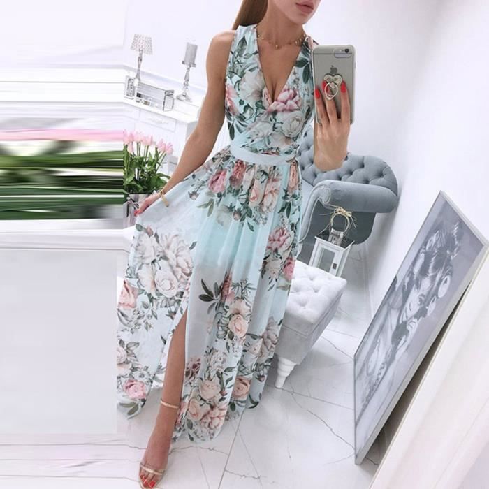 Robe Longue Femme Mode Col En V Sans Manches Impression