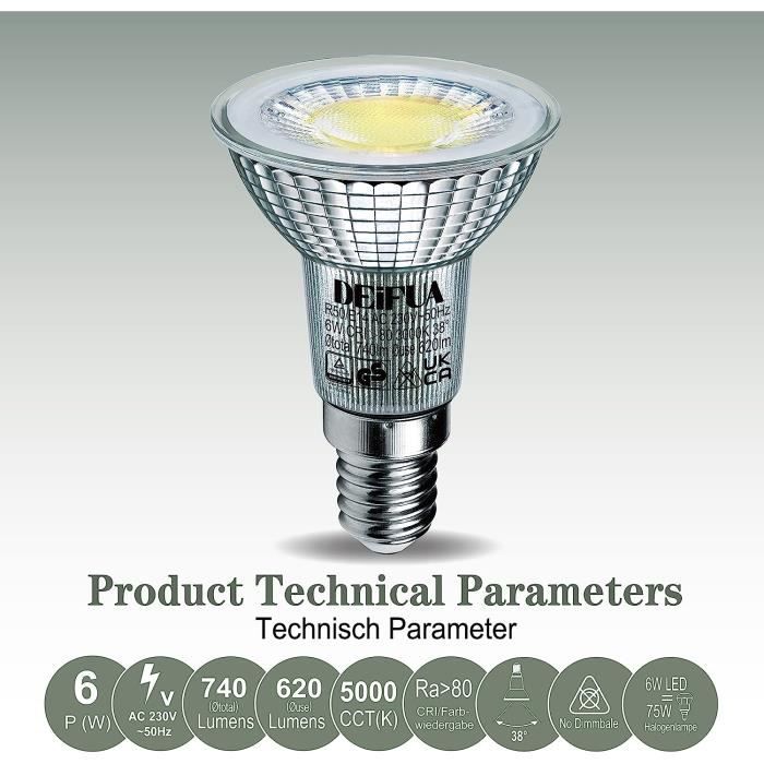DEIFUA Ampoule LED E14 Blanc Froid 740 Lumens 6W équivalent 75W Halogène,  Lot de 6, Spot PAR16 sans Scintillement 5000K, Lampe R354