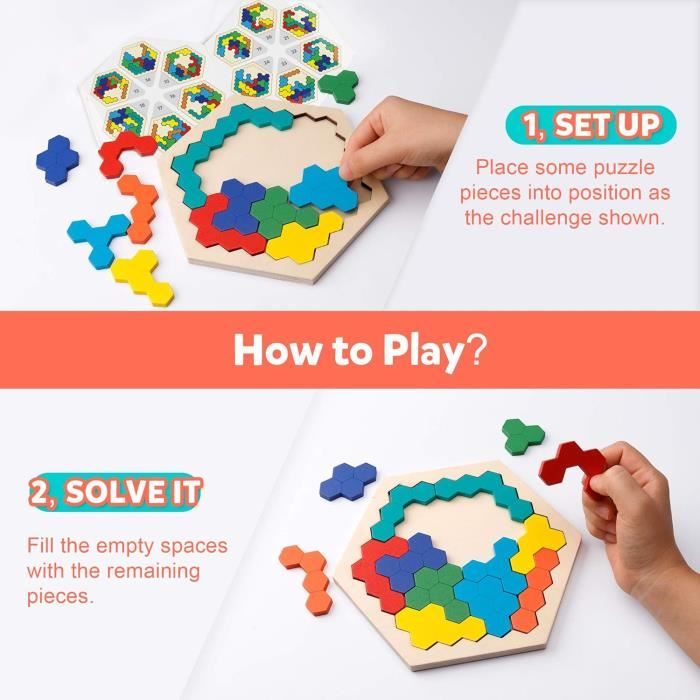 Casse-tête en Bois - Hexagone - 14 pièces - 7 couleurs - Jouet Éducatif