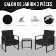 Outsunny Salon de jardin 2 places 3 pièces 2 chaises avec coussins + table basse plateau verre trempé 4 fils imitation rotin noir-3