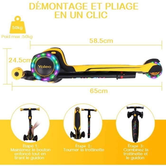 Trottinette Enfant 3 Roues Pliable Besrey Avec LED Clignotantes - Pour 2 à 10 Ans, Réglable Et Sécurisée