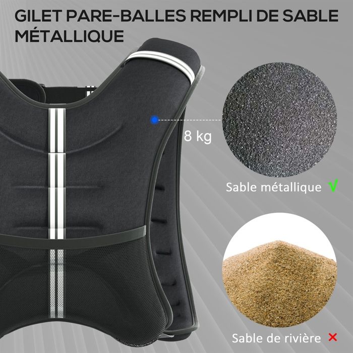 Gilet Lesté HOMCOM 8 Kg – Tissu Oxford, Sable Métallique, Avec Poche, Pour Running Et Fitness