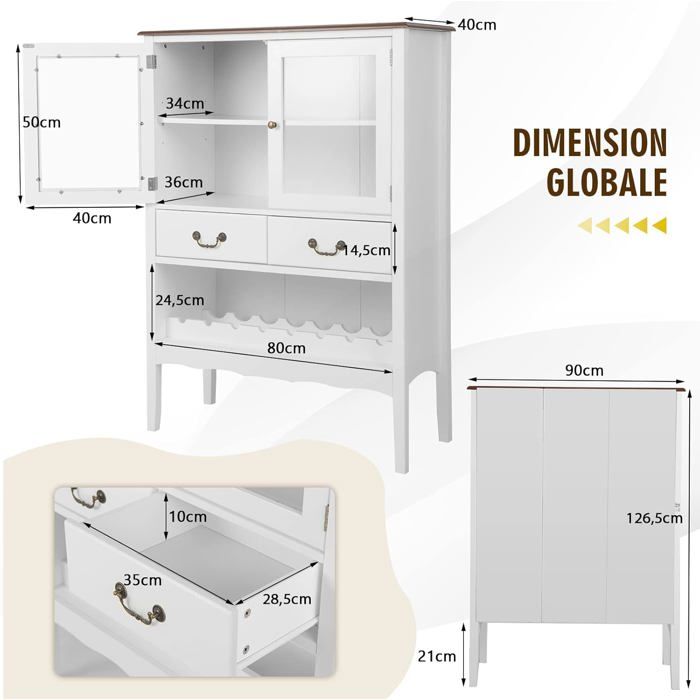 COSTWAY Buffet 2 Portes Coulissantes Verre - Meuble Bas Rangement Salon/Cuisine, 2 Étagères, 107x33x62 Cm, Blanc Moderne