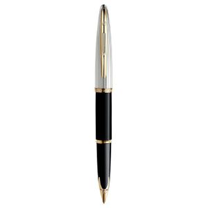 Stylo - Parure WATERMAN Carene Deluxe stylo plume, noir brillant et plaqué argent, attributs dorés, plume fine 18K, Coffret cadeau