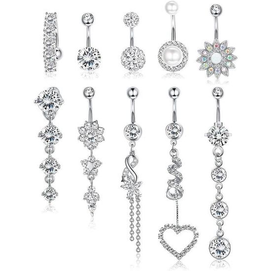 10 Pcs 14G Acier Inoxydable Anneaux de Nombril pour Femmes Filles Pendentif Nombril Sexy Helix