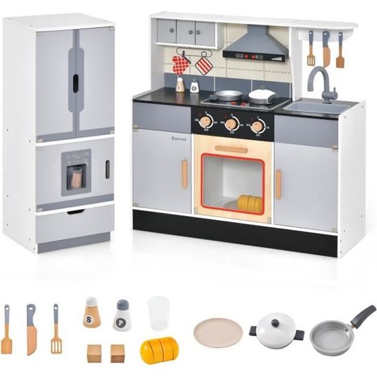 DREAMADE Cuisine Enfant En Bois 81x29x88,5 Cm - Plaque Sonore Lumineuse, Évier, Ustensiles Inclus