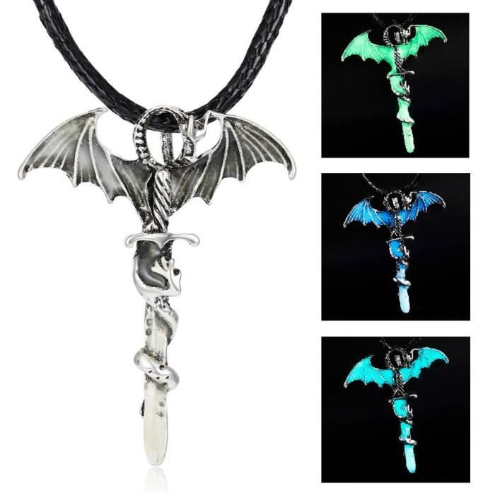 Collier rétro Dragon brille dans la nuit, chaîne LOL, pendentifs épée de Dragon ancien, collier Punk croix de Dragon 1 -THJR13551