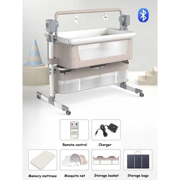 Berceau électrique multifonctionnel pour bébé, lit-balançoire 3 en 1, de voyage, avec lit de chevet respirant, de bonne qualité khak