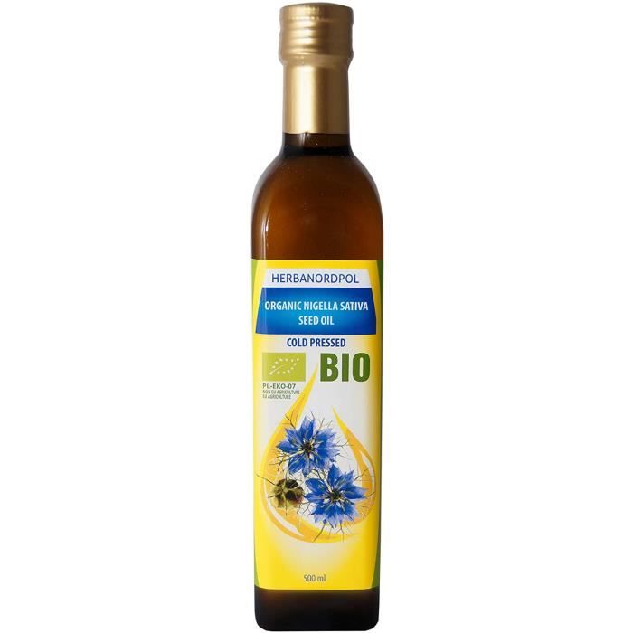 Bio huile cumin noir, Huile de Nigelle Biologique, Huile de Graines de Nigelle, Pressée à Froid en Europe, Graines Égyptiennes 500ML