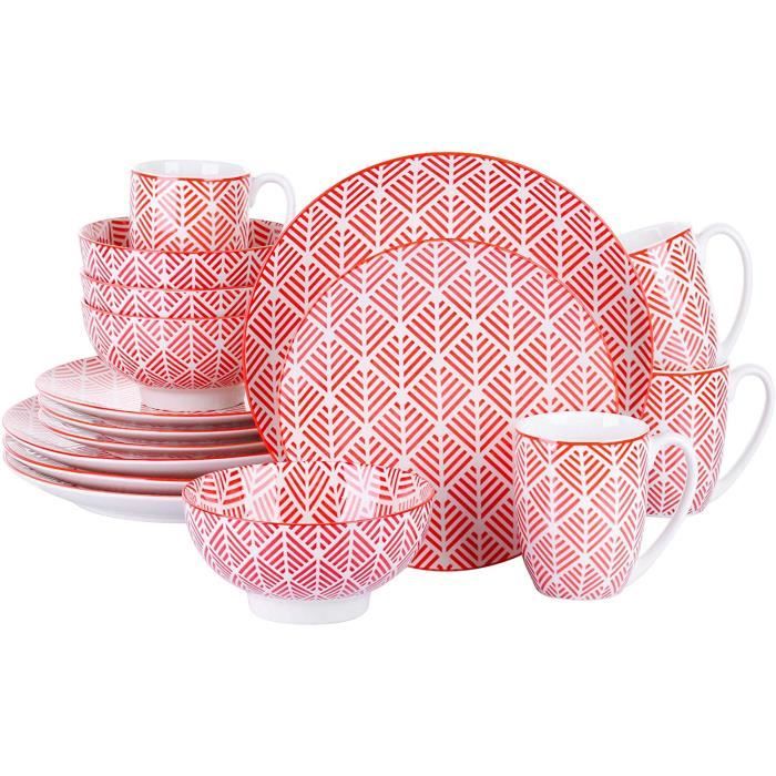 vancasso, série MOMOKO, Service de Table Complet en Porcelaine, Assiette Bols 16 pièces , Style Japonais ROUGE