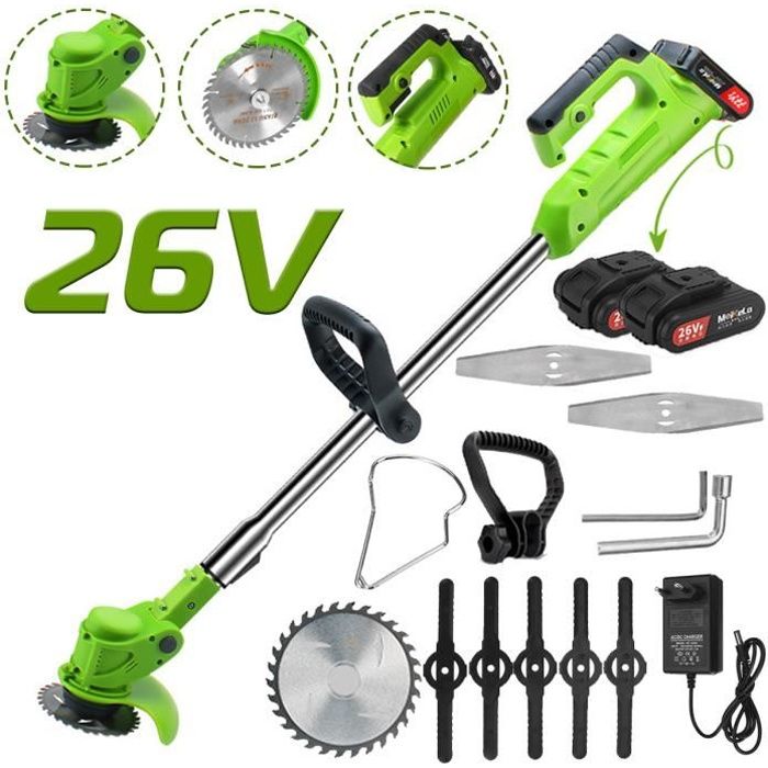 26V Débroussailleuse électrique sans fil Verte 1000W + Rechargeable 4000mah 2 Batteries