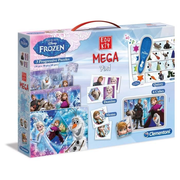 CLEMENTONI Mega Edukit 7 en 1 - La Reine des Neiges - 3 Puzzles, Domino, Mémo, 6 Cubes et Quizzy