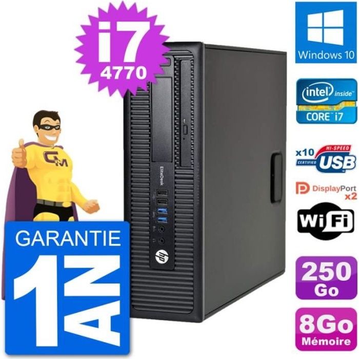 PC HP EliteDesk 800 G1 Core i7-4770 RAM 8Go Disque Dur 250Go Windows 10 Wifi