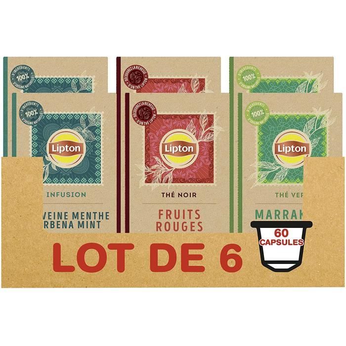 LIPTON 60 Capsules Nespresso, 3 saveurs, Thé Vert Marrakech Mint, Infusion Verveine Menthe, Thé Noir Fruits Rouges