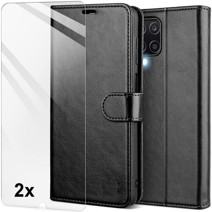 Coque pour GALAXY S21 FE et 2 verres trempés Housse Etui À Rabat porte carte noir