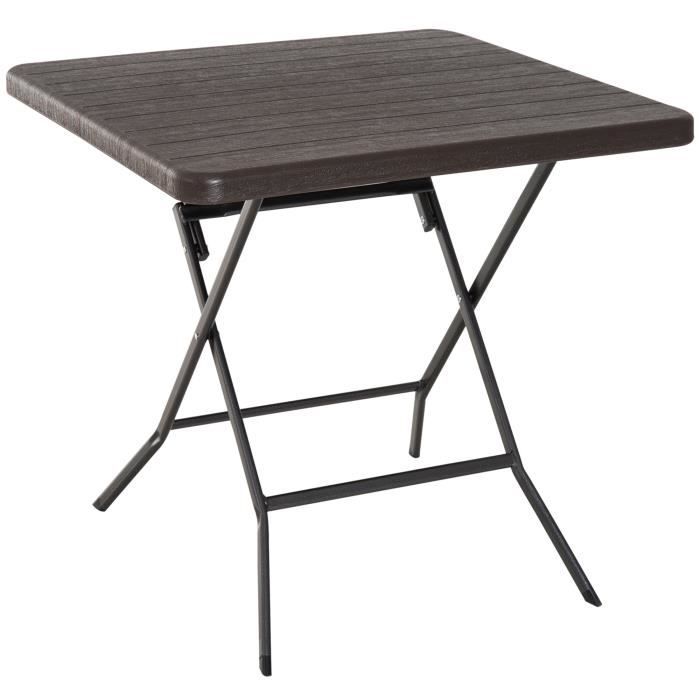 Table de jardin pliable table pliante carrée dim. 78L x 78l x 74H cm métal époxy HDPE imitation bois chocolat 78x78x74cm Marron