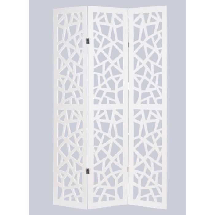 Paravent graphique en bois composite 3 pans, coloris blanc - Dim : H170 x L120cm