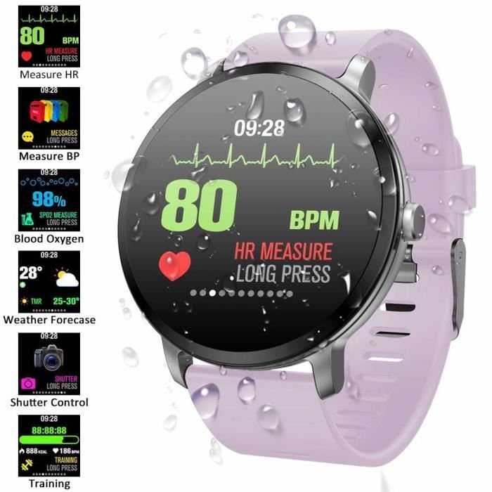 Montre Connectée, Homme/Femme 1.3'' Écran Tactile avec Montre Intelligente, Moniteur Cardiaque, Moniteur Veille, Podomètre, Caméra,