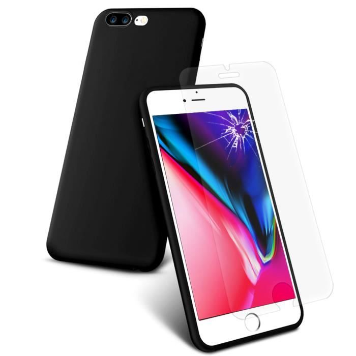 VCOMP - Pack accessories - Coque TPU silicone mat souple dos couverture - NOIR + 1 Film Verre Trempé Pour Apple iPhone 8 Plus