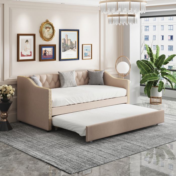 Canapé convertible - TIMPFEE - Lit gigogne 90×200 - Lin beige clouté - Sommier à lattes 26 lattes
