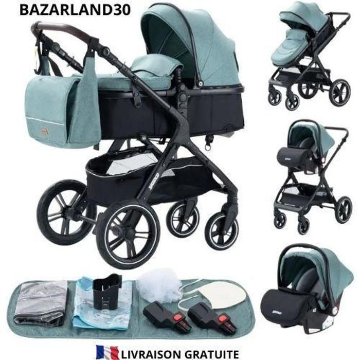 BAZARLAND30.Poussette 3 en 1 Bebe Combinee Siege Auto Nacelle Trio Reversible Reglable Haute Qualite Roues increvables Canne.vert