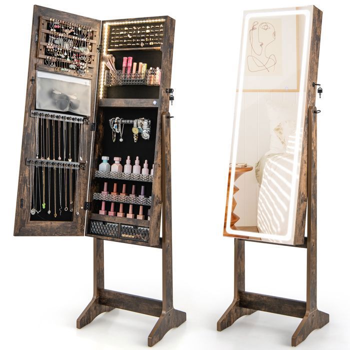 Armoire à Bijoux avec Miroir -RELAX4LIFE- Lumières LED 3 Couleurs - Grande Capacité - Miroir de Maquillage Intégré -Marron Rustique