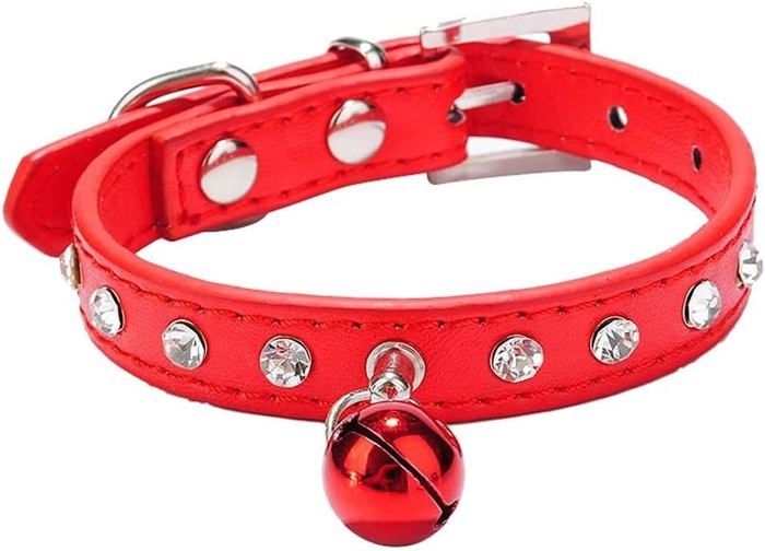 Meilleurs prix pour Collier de Chien en Cristal avec Sécurité Réglable Boucle et Cloche PU Cuir Chiot Chien Chat Colliers (Rouge)