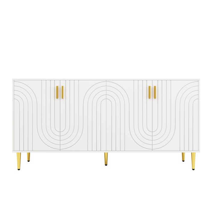 Deuxième génération de buffet blanc (152 x 40 x 75 cm) Design ondulé unique avec poignées et pieds dorés pour une salle à manger