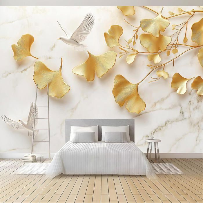 Papier Peint Panoramique Mural - 3D Feuilles De Ginkgo Dorées Et Oiseau ...