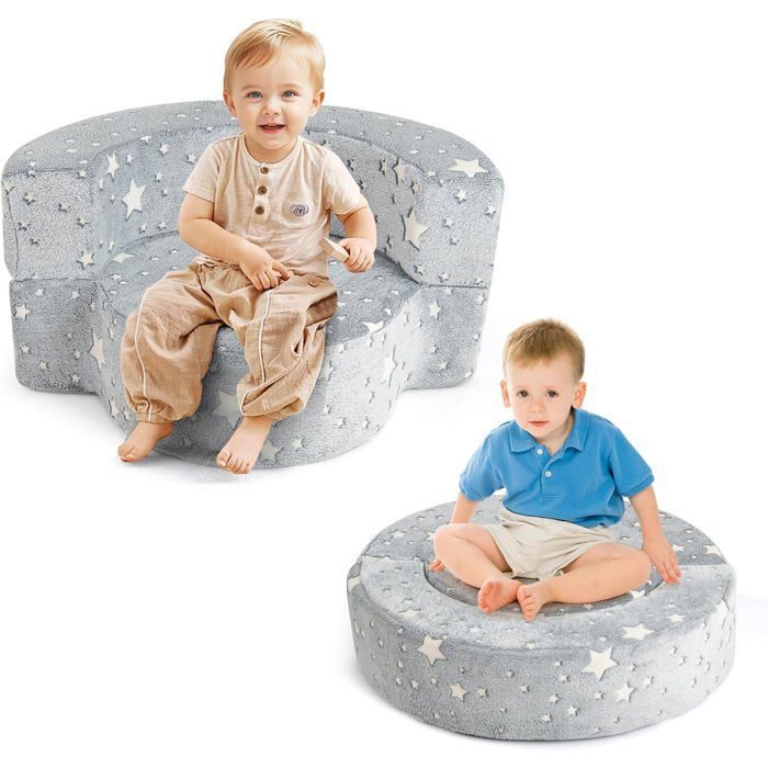 COSTWAY Canapé Fauteuil 2-en-1 pour Enfants - Housse Amovible et Lavable - Convertible en Tapis de Jeu Lumineux dans le Noir
