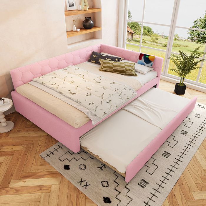 Lit Gigogne 140x200 cm canapé-lit avec sommier à lattes avec lampe de chevet port USB type C Rose Lit Gigogne 140x200 cm canapé-lit avec sommier à lattes avec lampe de chevet port USB type C Rose