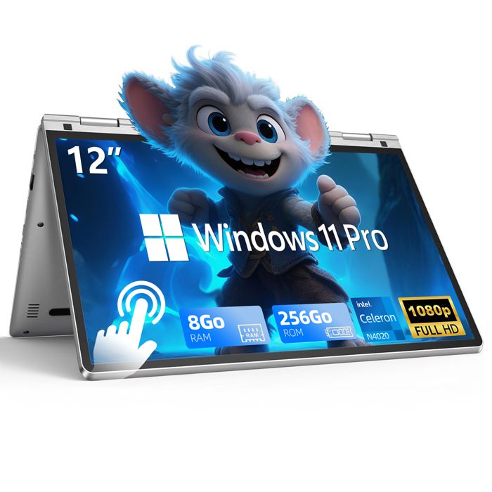 PC portable 12-Intel Celeron N4020-RAM 8 Go DDR4 256 Go SSD-écran tactile rotation 360°-Ordinateur portable-Windows11 Pro-AZERTY