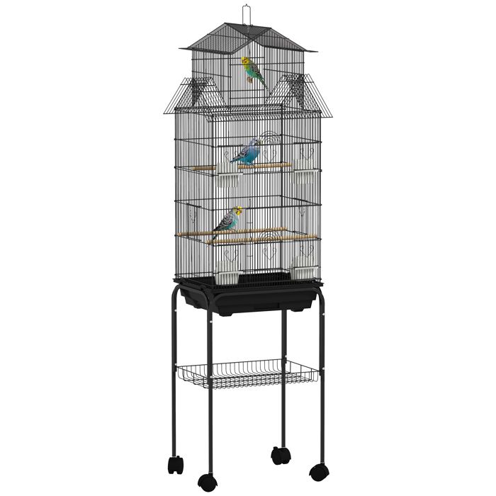 Comparer les prix de Cage à oiseaux sur pied - PawHut - sur roulettes - avec balançoire support - design maison - 505 x 41 x 163 cm - en acier - noir