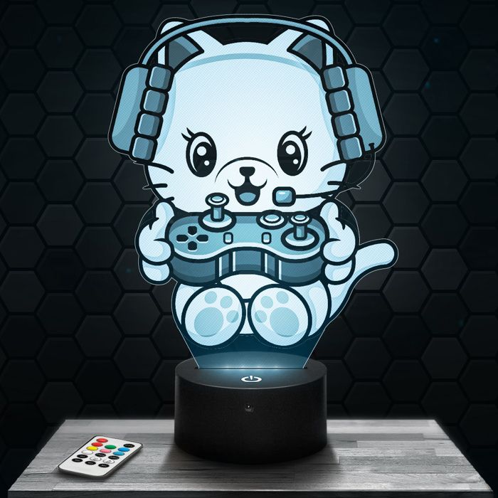 Lampe 3D - Chat Gamer - Accessoire Objet Cadeau Chat Gamer - Veilleuse Led Tactile avec socle au choix et télécommande