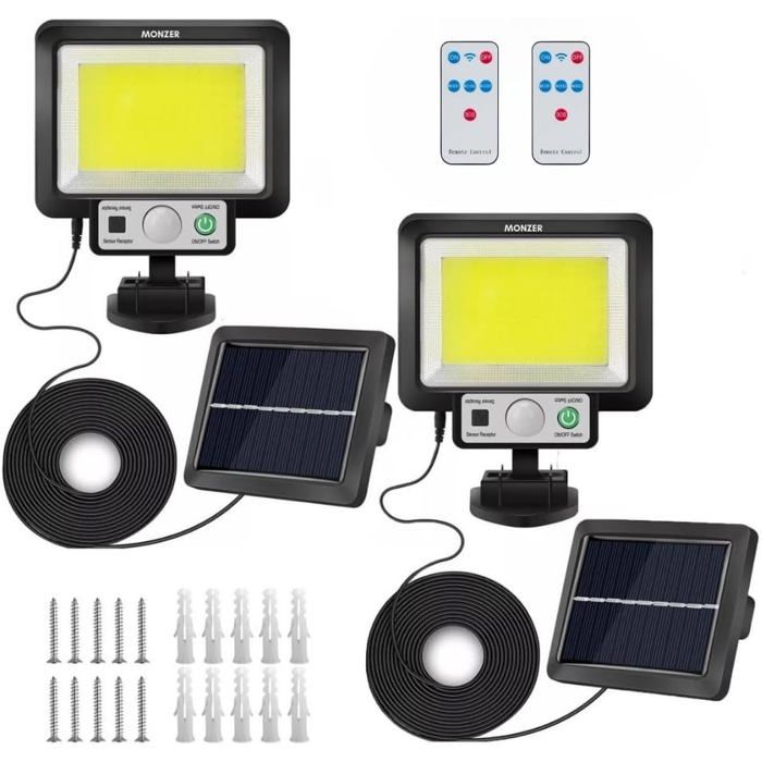 MONZER Lot De 2 Lampes Solaires Extérieur 180 LEDs 2000LM – 240° Détecteur Mouvement, IP65, 3 Modes