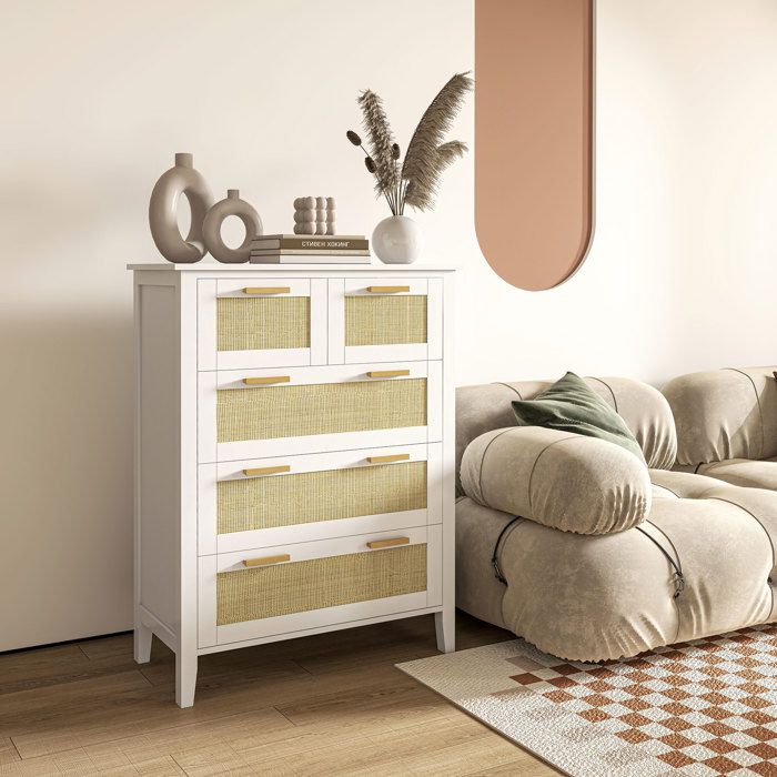 Commode 5 tiroirs poignées en bois massif glissières en métal pour bureau salon chambre à coucher 77 x 37 x 104 cm blanc