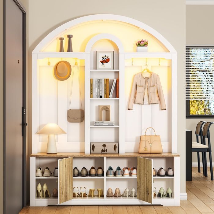 Ensemble vestiaire dentrée - MODERNLUXE - 150x40x195 cm - Meuble à chaussures - Étagère ouverte et crochets - 2 portes - Blanc