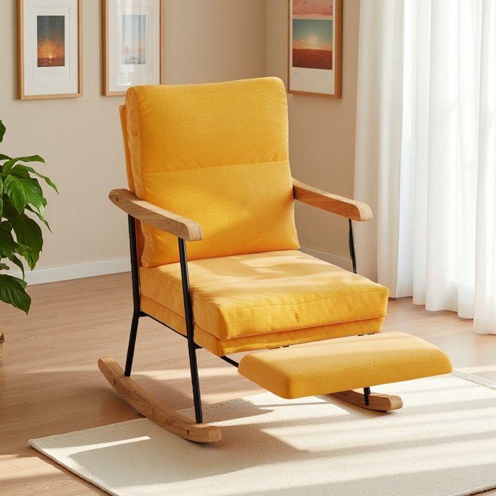 Fauteuil à Bascule - Rocking Chair - Jaune vif - Dossier réglable - Repose-pieds ajustable